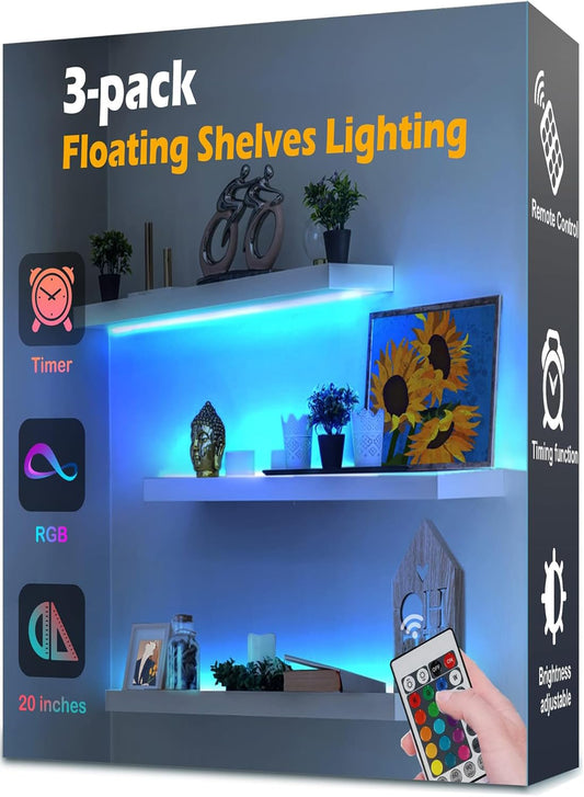 3-Pack Shelf Lights, Upgrade Battery Operated 20inch Led Strip Lights with Remote, Color Change with Timer Floating Shelves LED Wall Lights, DIY Led for Bedroom, Kitchen, Indoor Room Decor