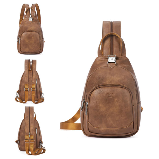 CLUCI Leather Sling Backpack for Women - Small Convertible Crossbody Bag for Travel