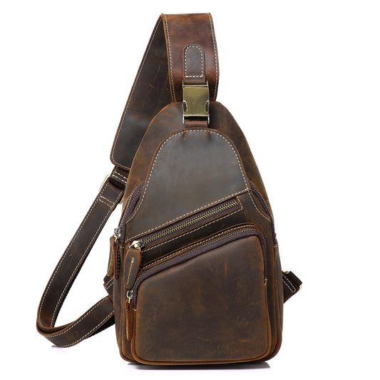 Vintage Full Grain Genuine Leather Sling Bag Men Women Crossbody Chest Shoulder Backpack Daypack Travel Hiking Deep Brown