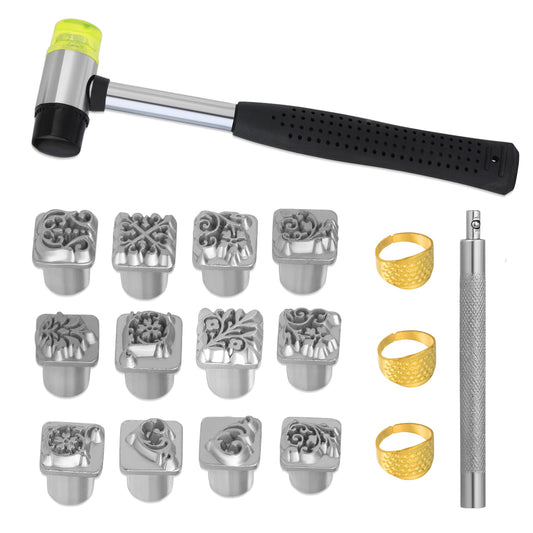 Leather Craft Stamping Tools, Leather Stamping Kit with 12 Tangcao Patterns Stamp and Punch Tools and 25mm Hammer and 3 thimbles for Craft Stamps