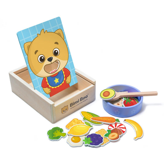 Bimi Boo Wooden Feeding Toy - Montessori Pretend Play Food Set for Toddlers 1-4+ - Fine Motor Skills Scooping Toy for Kids (27 Various Foods, a Spoon, Bowl)