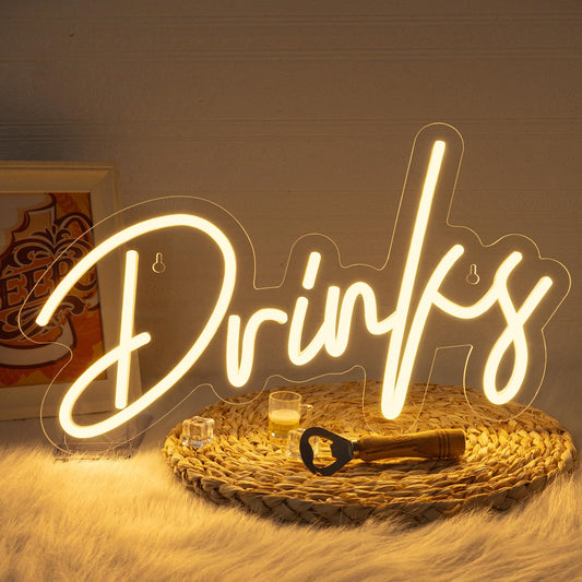 Looklight Drinks Neon Sign,Letters Bar Neon Light,Led Neon Signs for Wall Decor,Warm White Neon Light Sign,USB Light Up Sign for Kitchen Restaurant Bar Cart Accessories Christmas