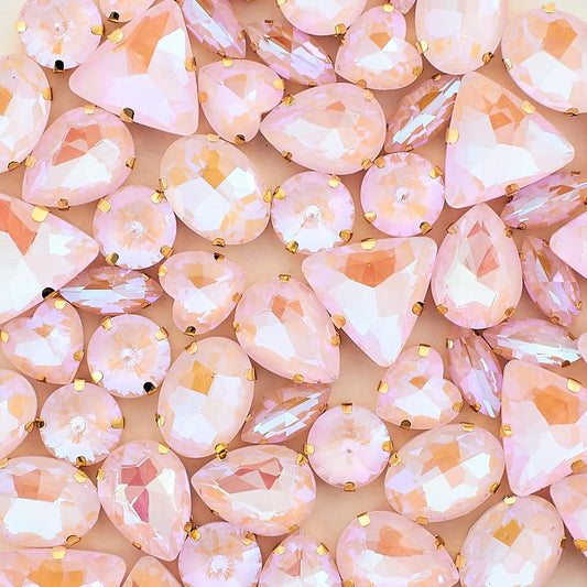 TANOSII Sew on Rhinestones 60 PCS Mixed Shapes Glass Rhinestones Sew on Crystal Gems Mental Flatback with Golden Claw for Jewelry Crafts Clothes Shoes Costume Garment Pink