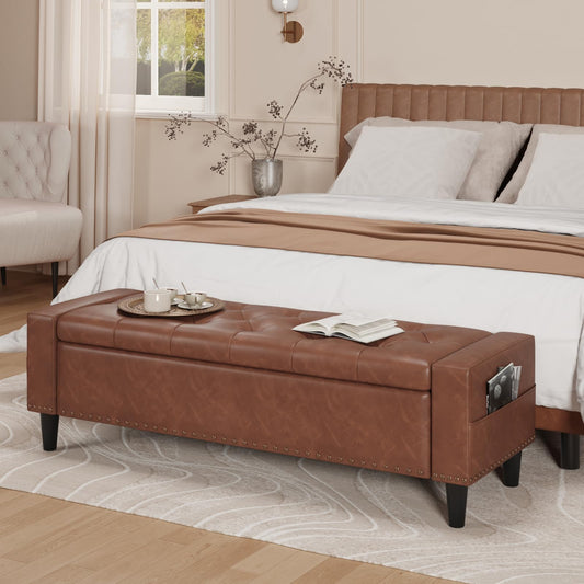 60" Storage Ottoman Bench, Faux Leather Bed Bench with Tufted Buttons and Nailhead Trim, Large Upholstered Ottoman with Storage for King Size End of Bed, Bedroom, Living Room, Entryway, Hallway, Brown