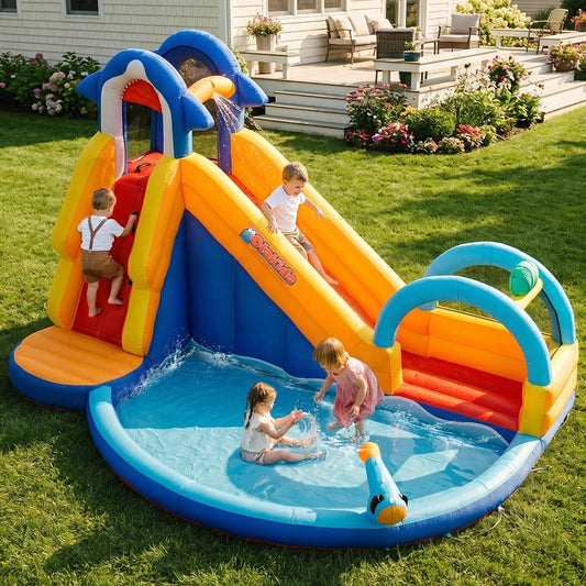 OLAKIDS Inflatable Water Slides, 14FT x 10FT x 8.5FT Shark Theme Bouncy House with Slide, Splash Pool, Climbing Wall, Water Gun, Outdoor Jumping Castle with Hose Carry Bag Stakes