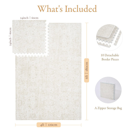 PopsyKosy Premium Baby Floor Play Mat - Thick & Cushioned 0.5 inch Playroom Foam Mat, Non-Toxic Odorless - 6 Tiles - Spacious 6x4 ft. - Stylish & Large, Waterproof for Kids & Toddlers - Pearl Beige