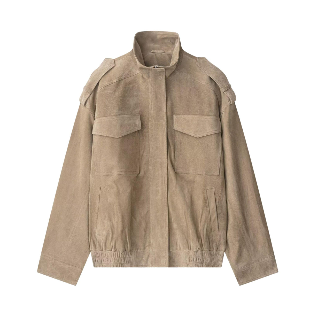 FindThy Women’s Suede Leather Jacket Vintage High Collar Long Sleeve Zip Up Oversized Outerwear Coat with Pockets(4196-Khaki-L-LB)