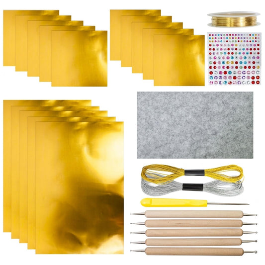 NYXODRON 15 Pieces Gold Embossing Foil Sheets, 11.57 x 9.76 Inch Metal Foil Art Kit and Embossing Kit for Crafting, Metallic Foil Craft Paper with Working Pad - Shimmering Gold Finish