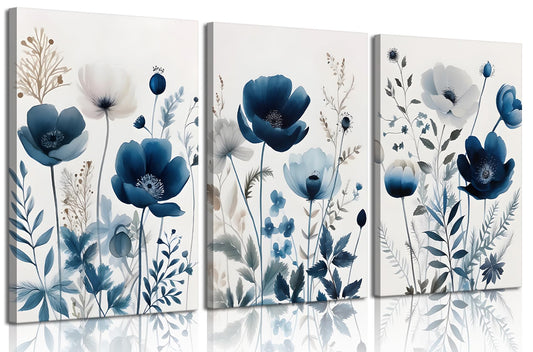 3Pcs Flower Canvas Wall Art Navy Blue Wildflower Wall Decor Pictures Modern Watercolor Boho Botanical Floral Posters Prints for Bedroom Living Room Home Decoration 12x16in