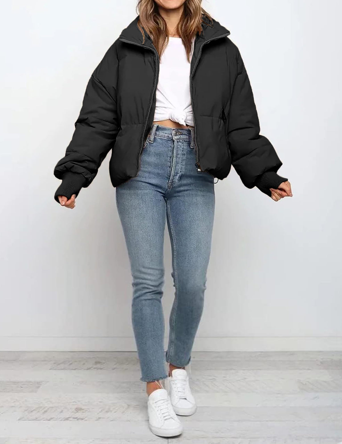 MaShinequang Womens Cropped Black Puffer Jacket Zip Up Quilted Padded Coat Outwear with Pockets (Black, Large)