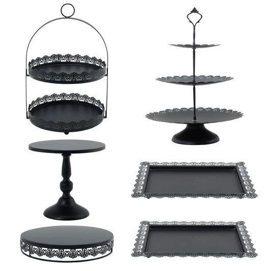 6 Pcs Black Cake Stands Set, QENUIITEA Cake Display Pedestal Tiered Cupcake Holder Dessert Plate Serving Tower Tray Decorative for Wedding Birthday Party Baby Shower Celebration