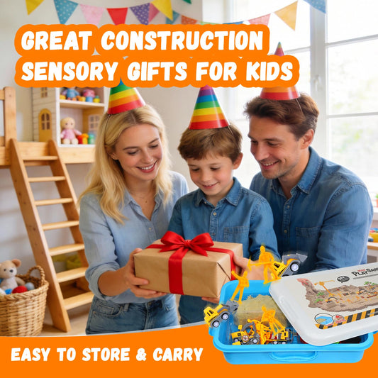 BlingCnsy Construction Sensory Bin with Lid, 2.2lbs Magic Sand & 5 Construction Trucks, Sensory Sand Kit Construction Toys for 3 4 5 6 7 8+ Year Old Boys Toddlers Christmas Birthday Gift
