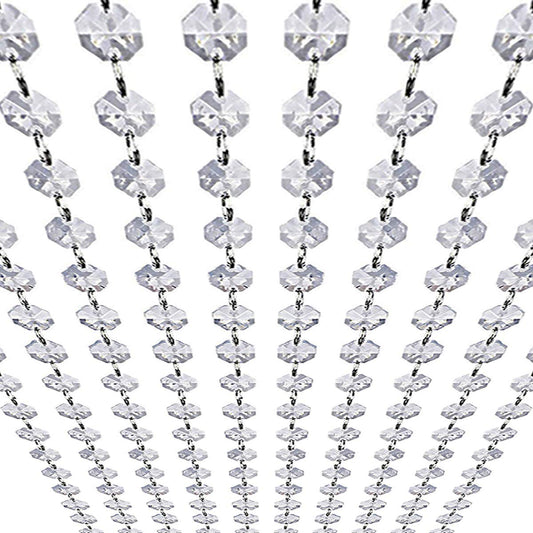 33ft K9 Glass Crystal Garland Strands - Hanging Chandelier Gem Bead Chain - 14mm Clear Octagon Prism Diamond String Decorations for Wedding Party Manzanita Centerpiece Christmas Tree