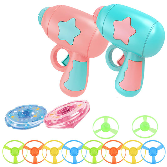 2PCS Cat Fetch Disc Launcher Toy with Colorful Flying Propellers Set,Cat Playing Tracking LED Spinning Top Interactive Toys for Kitten Chasing Training Hunting（Pink+Blue）