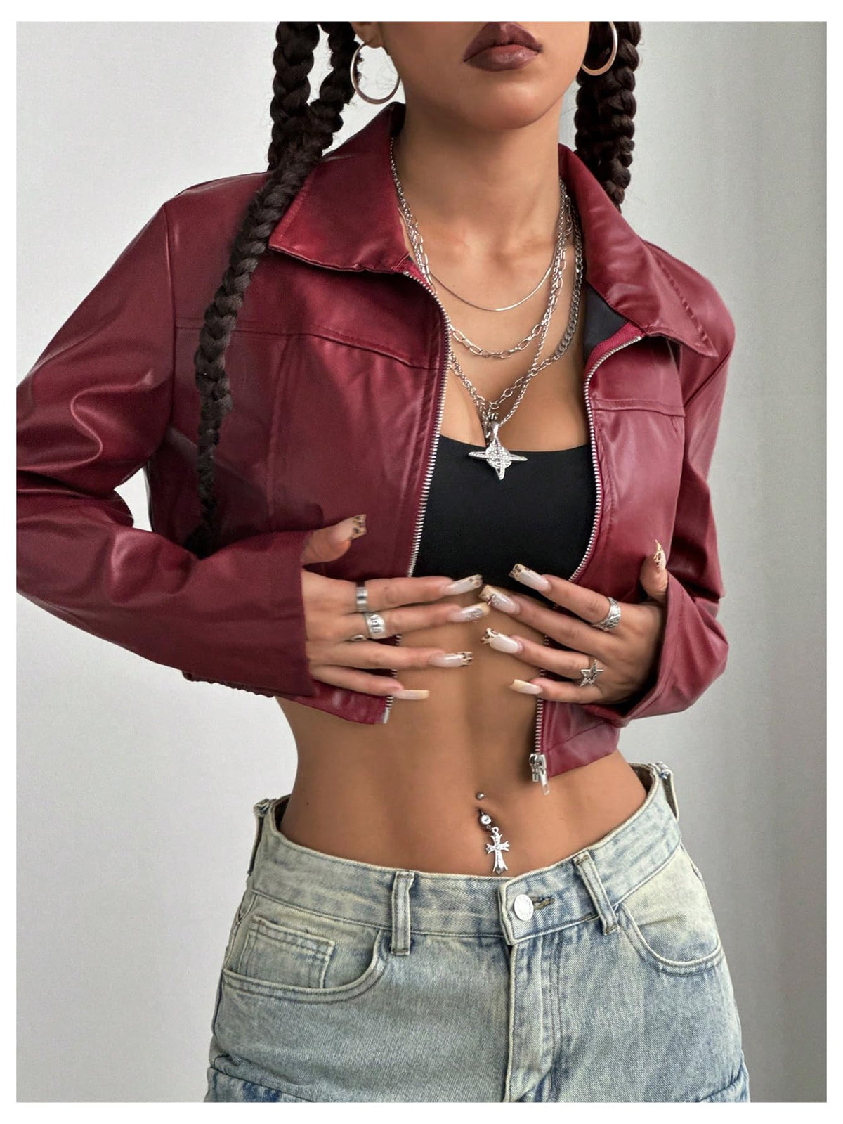 Verdusa Women's Motorcycle Leather Race Car Jacket Cropped Streetwear Lightweight Long Sleeve Outerwear Burgundy Small
