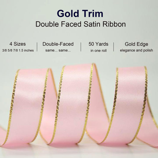Pink Ribbon, 7/8 inch x 50 Yards Double Faced Pink Satin Ribbon with Gold Edge, Delicate for Crafts, Gift Wrapping, Flower Bouquet, Wedding, Hair Bow, DIY, Holiday, Party Decorations