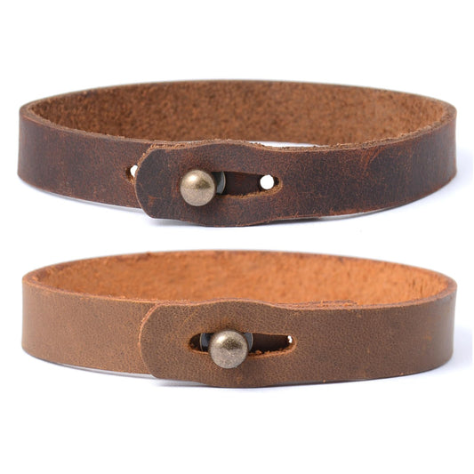2 Pack Leather Bracelets for Men - Crazy Horse Leather Cuff, Handmade Adjustable Bracelet Set with Solid Brass Screw Buckles, Gifts for Him (Dark Brown/Light Brown)