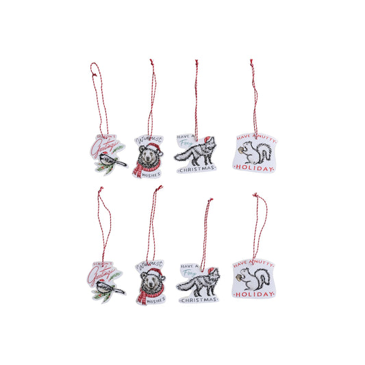Creative Co-Op Printed Paper Ornaments/Gift Tags with Holiday Saying, Animal and Embroidery, Multicolor, Set of 8
