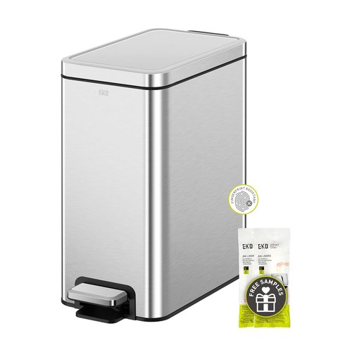 EKO Small Bathroom Trash Can - Soft Close Lid & Step Pedal | 10L Stainless Steel, Anti-Fingerprint Finish