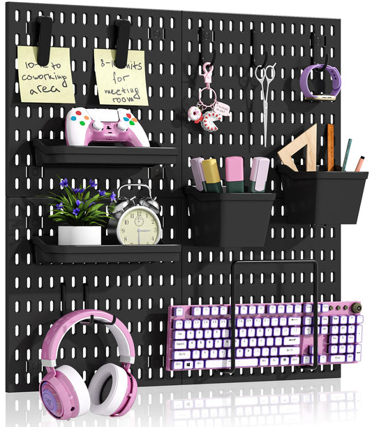 AKTOP Peg Board Wall Organizer 4-Pack – 12"x12" Black Pegboard Combination Kit with 13 Accessories for Wall, Plastic Peg Board Panels for Home, Office, Garage Tool Storage & Craft Room