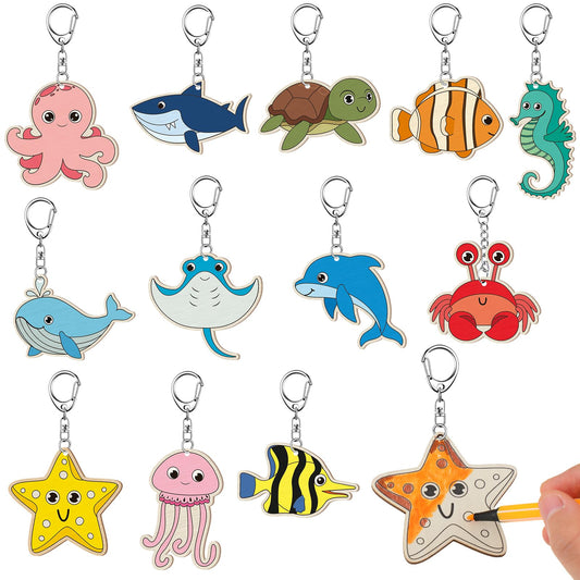 Trnayi 36 Pcs Sea Life Unfinished Wooden Keychains Color Your Own Unfinished Wooden Crafts Blank Wood Painting DIY Crafts for Home Activities Arts Project Decoration