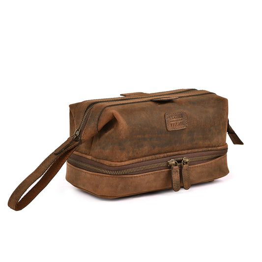 LEATHER VILLAGE Genuine Leather Dopp Kit – Large Travel Toiletry Bag with Waterproof Lining, Dual-Zip Design for Men & Women, Organizer for Shaving, Makeup & Essentials - Brown