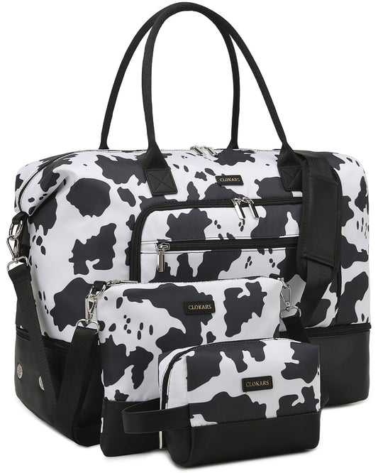CLOKARS Weekender Bags for Women, Travel Duffle Bag Carry On Overnight Bag with Cosmetics Bag and Crossbody Purse for Gym Hospital, Gifts for Women, Cow Print Black