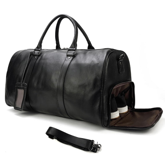 LUUFAN Leather Travel Bag Large Capacity Luggage Duffel Bag with Shoe Compartment, Men Women Weekend Shoulder Handbag for Holiday Business Trip (55cm-Black)