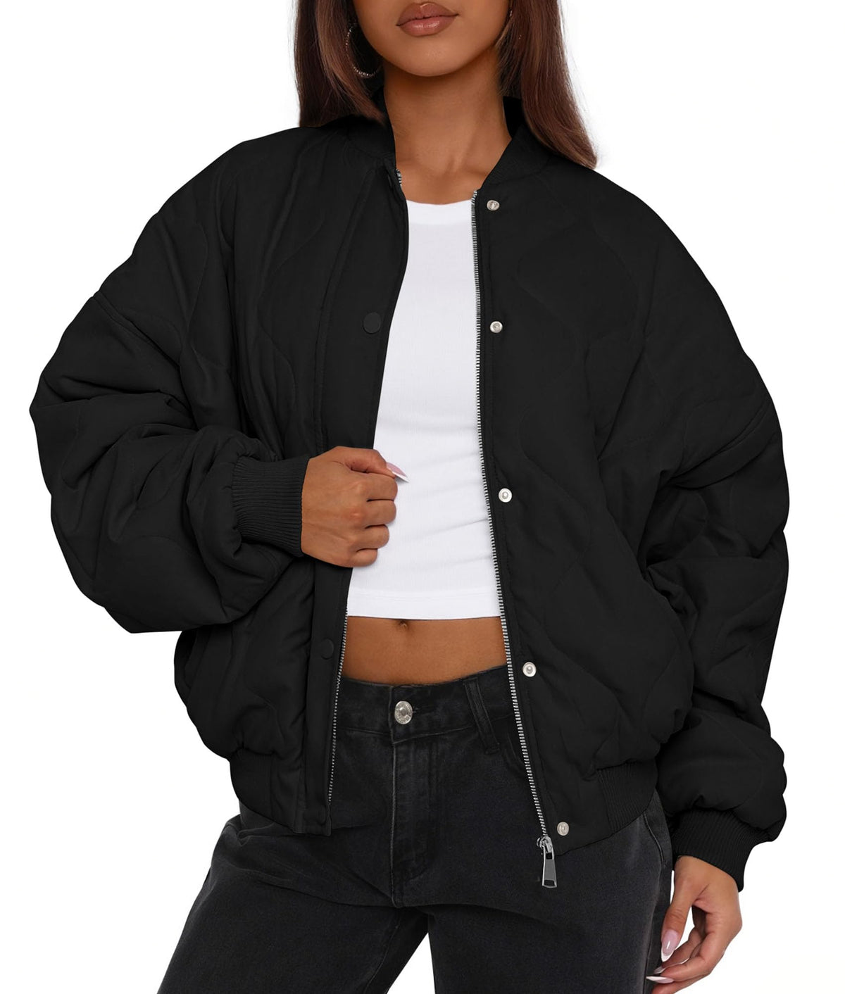 PRETTYGARDEN Women's Quilted Bomber Jacket Fall Fashion 2026 Lightweight Cropped Zip up Outerwear Winter Puffer Coats Pockets (Black,X-Large)