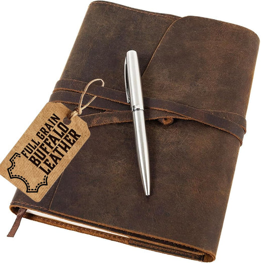 Moonster Leather Journal Refillable Notebook - Writing Journals for Women, Mens Cover with Pen, Bound Lined Paper A5 Travelers Diary, Travel by , Dark Brown