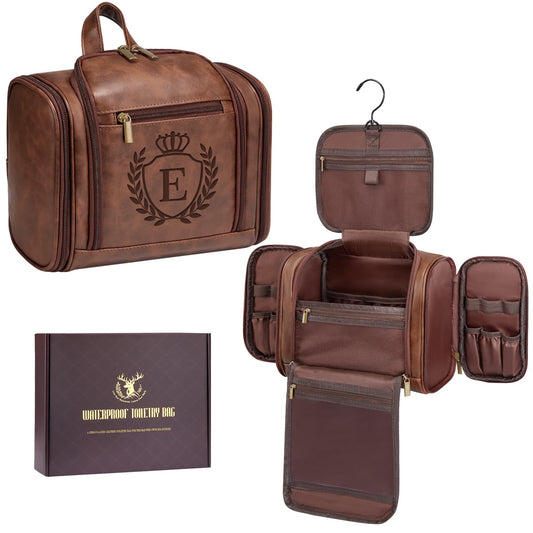 Aganmi Personalized Easter Birthday Gifts for Men Large Leather Travel Toiletry Bag Hanging Shaving Dopp Kit, Mens Traveling Essentials Accessories Organizer Case Cognac Brown Initial Letter E