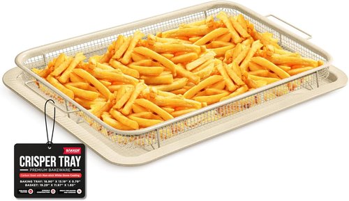Bakken Swiss Crisper Tray - Non-Stick 2-Piece Set with White Marble Coating | Extra Large 19" x 13" for Healthier Cooking