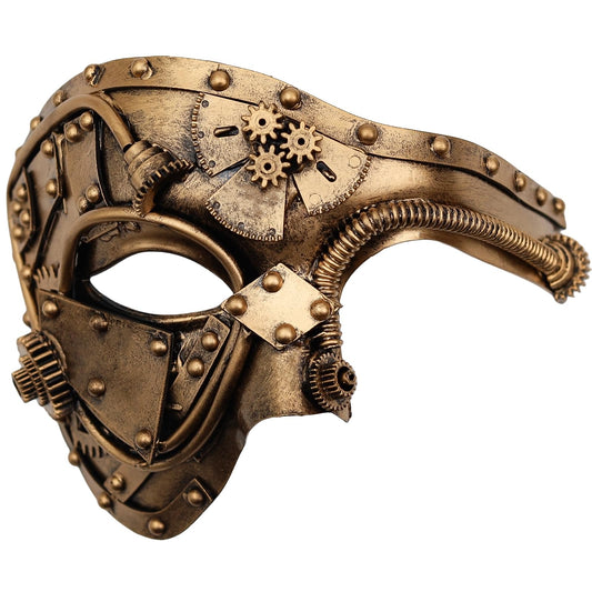 Ubauta Steampunk Cyborg Mask for Halloween: Handcrafted Plastic with Gold Metallic Finish - DIY Repair Strip & Adjustable Fit