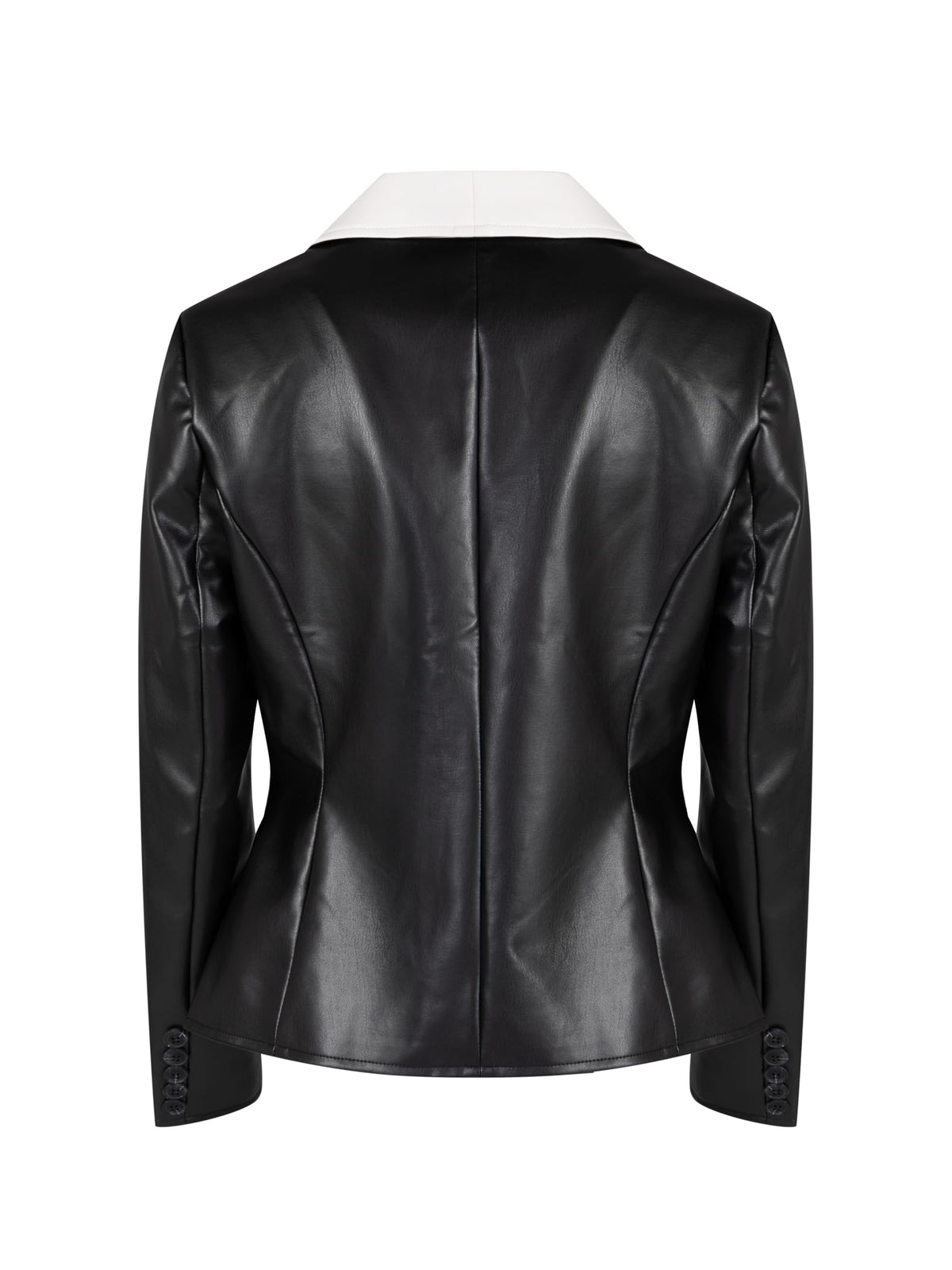 SS-Sunrise Fashion Women's PU Faux Leather Blazer, Black and White Color Block, Single Button, Notched Lapel, Small