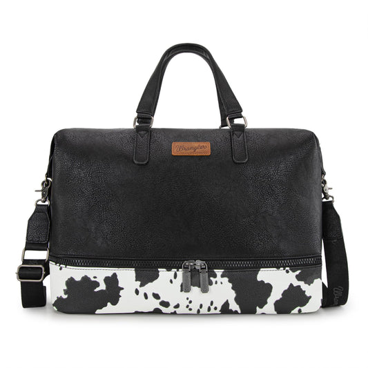 Wrangler Travel Duffel Bag Carry On Overnight Bag with Shoe Compartment Cow Print Weekender Bag for Women WG253-5110COW-BK