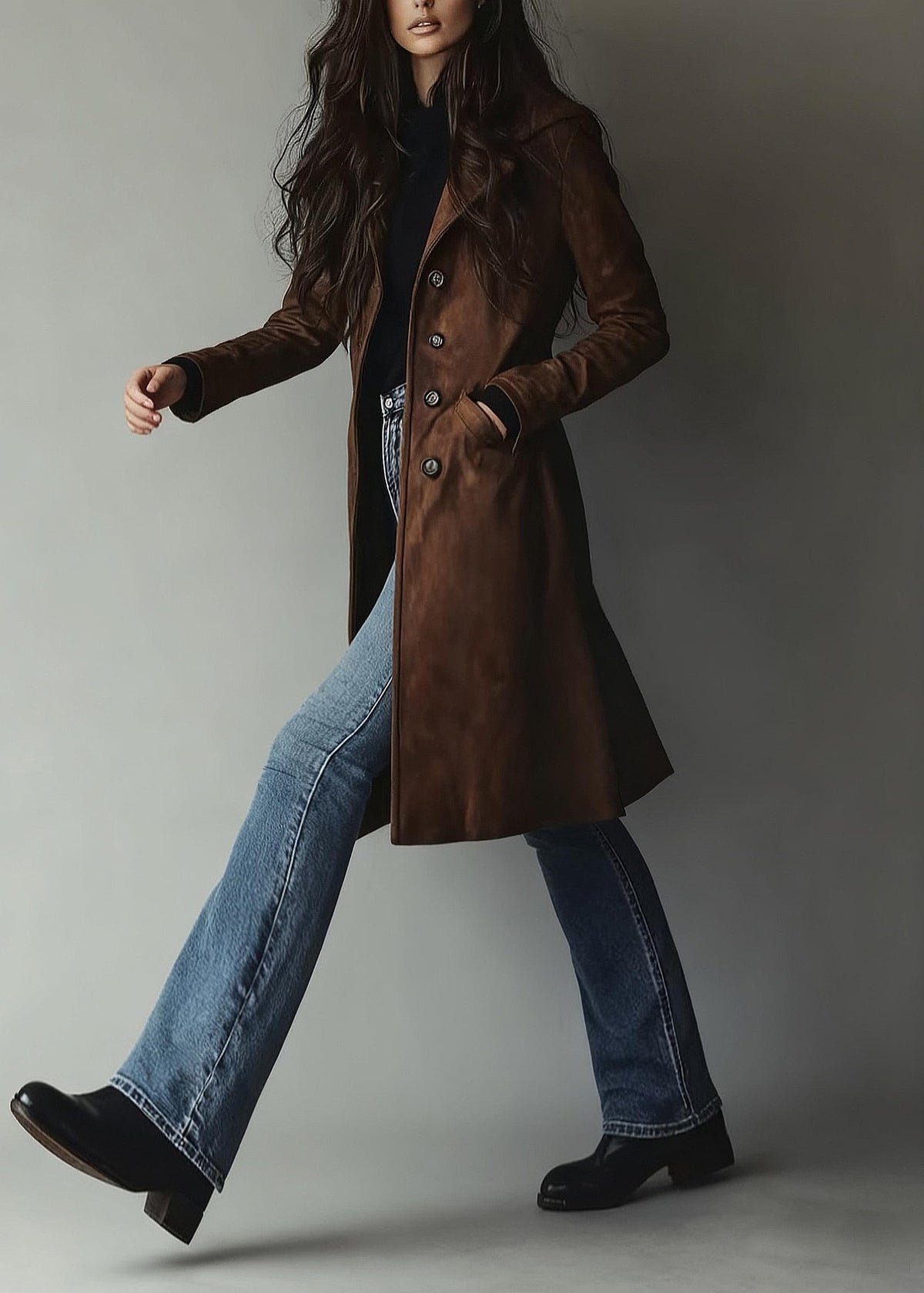 chouyatou Women's Fall Faux Suede Leather Trench Coat Casual Lapel Midi Long Dressy Blazer Jacket Coat with Pockets (X-Small, Coffee Brown)