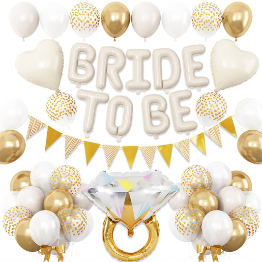 Sand White Bachelorette Party Decorations, Nude White Bride To Be Bridal Shower Balloons Decorations, White and Gold Balloons with Diamond Ring Cream Heart Balloons for Bachelorette Engagement Wedding