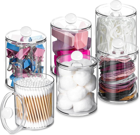 XIPENGKEJI Qtip Holder Set - 6 Pack Apothecary Jars with Lids for Bathroom Organization | Clear 10oz-12oz