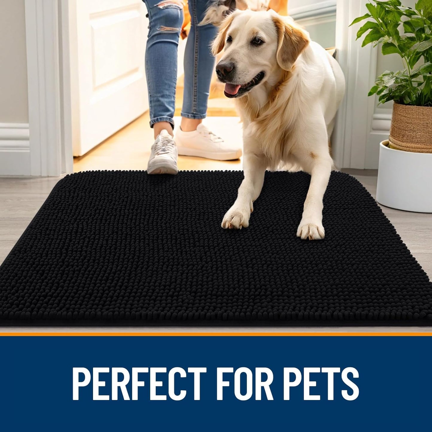 OLANLY Dog Door Mat - Absorbent Non-Slip Chenille Mat for Muddy Paws | 54x24 Inches, Quick Dry, Black