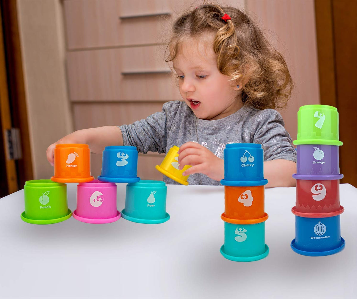 Ella Dream 17 PCs Multicolor Nesting and Stacking Cups Set, Baby Bathtub Toys, Early Learning Educational Toys for Infants, Toddlers, Stacking Cups with The Numbers, Shapes, Fruits, Animals Patten