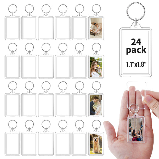 ZJJZGYXINTAI 24 Pcs Photo Keychain 1.8 x 1.1 in, Acrylic Clear Picture Keychain, Photo Insert Keychain, Blank Picture Frame Keyring for DIY Craft Personalised Favor Graduation Gift