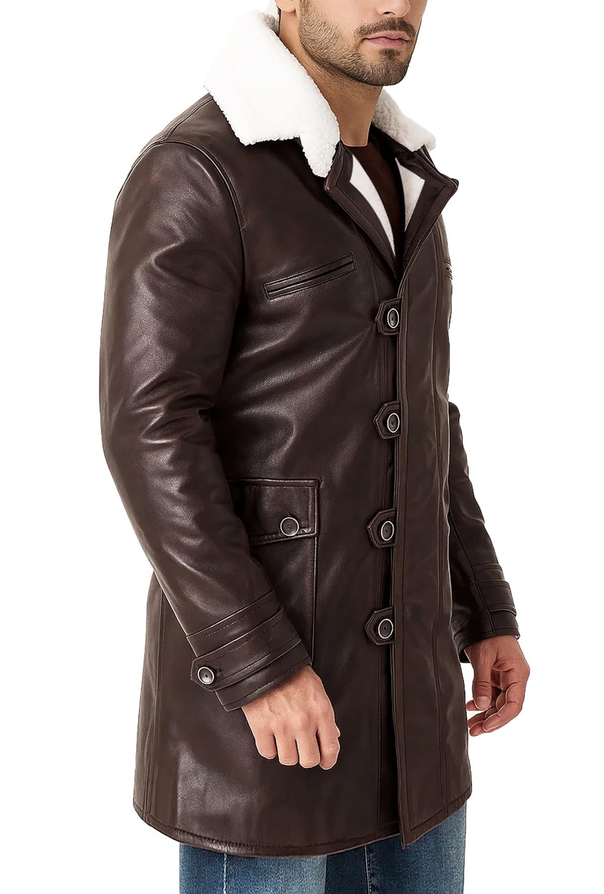 LP-FACON Mens Winter Fur Shearling BN Coat Jacket Brown Faux Leather Overcoat