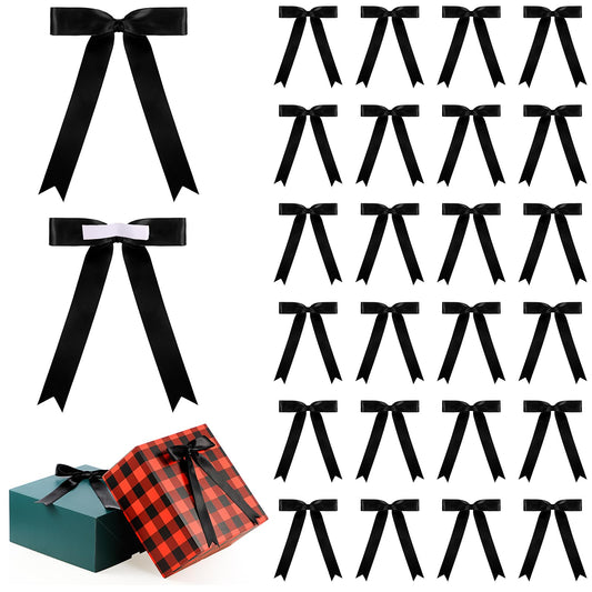 Riceshoot 24 Pcs Satin Ribbon Bows 5x7'' Self Adhesive Stick on Premade Satin Bows with Double Sided Tape for Gift Wrapping DIY Crafts Decor Wedding Bridal Birthday Balloons(Black)