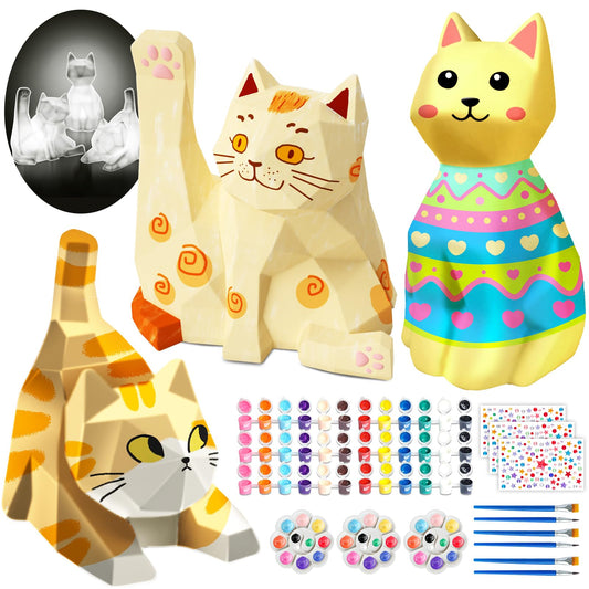Goody King Paint Your Own Cat Lamp Art Kit, 3PCS DIY Night Light, Arts & Crafts for Kids Ages 8-12, Painting Kit for Girls Boys Age 4 5 6 7 8+, Art Supplies Cat Craft Birthday Gifts for Kids Ages 3+