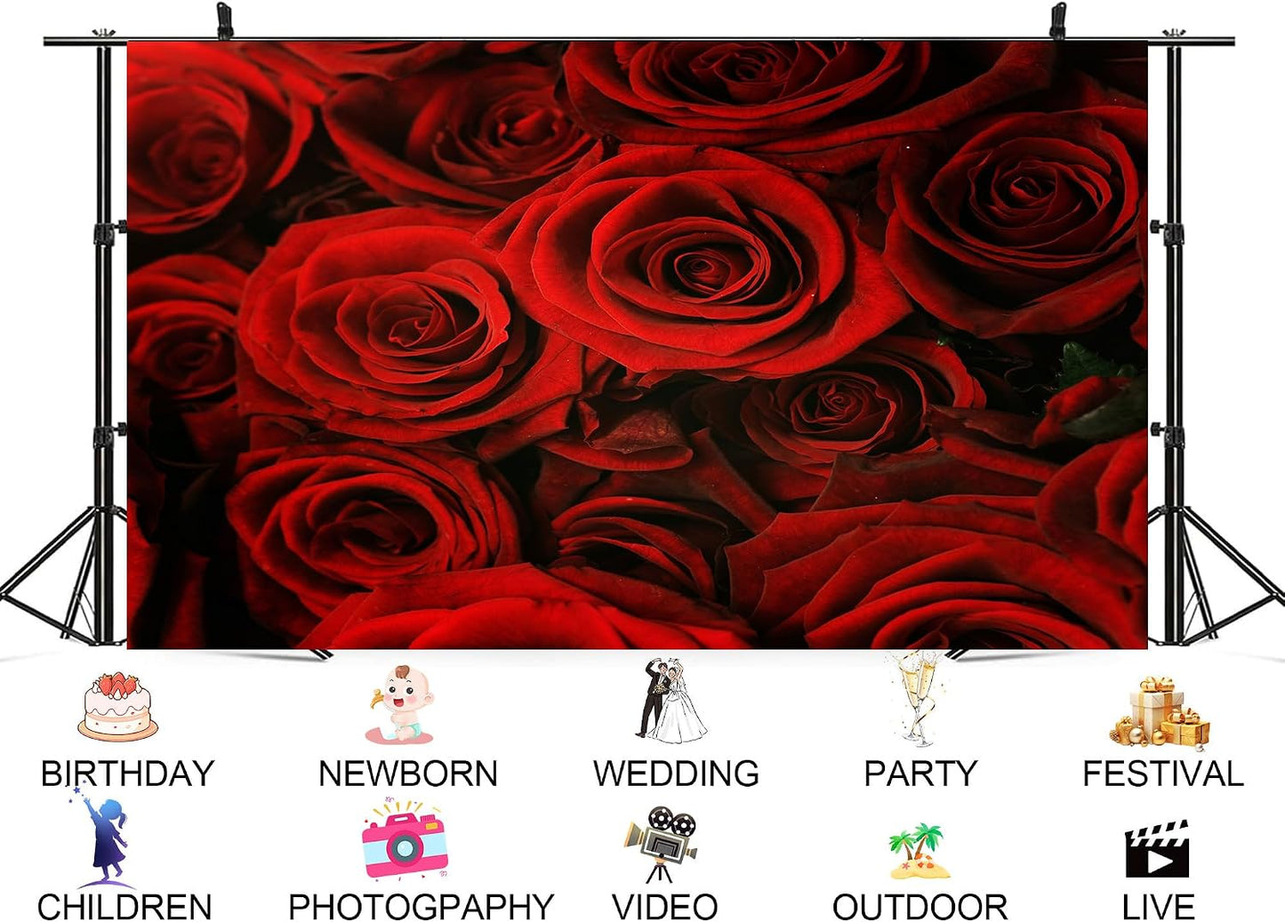 UPXIO 5x3ft Luxury Red Rose Bouquet Backdrop Dense Floral Blooms Photo Background Tapestry for Wedding Anniversary