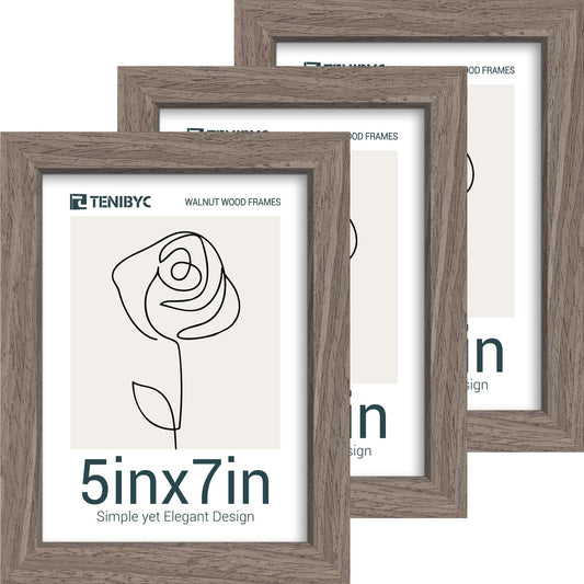 TENIBYC 5x7 Picture Frame 3 Pack with HD Glass - Brown Walnut, Natural Wood Photo Frame, Table Decoration