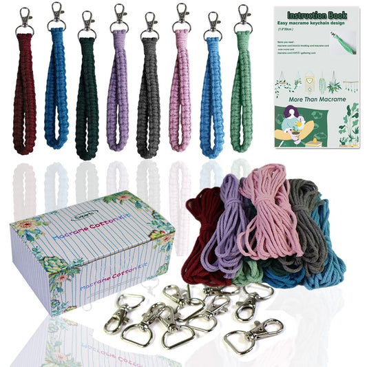 suo long Macrame Kits for Adults Beginner to Make 8 Macrame Keychain with 3mm Yarn Premeasured, Metal Key Ring,Instruction Book for Starter Adults DIY Craft Kit