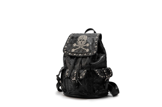 SandraWang ‌Gothic Skull Studded Backpack for Women & Men, Structured PU Leather Punk Bookbag with Drawstring Flap, A4 & Tablet Friendly Alternative Fashion Design