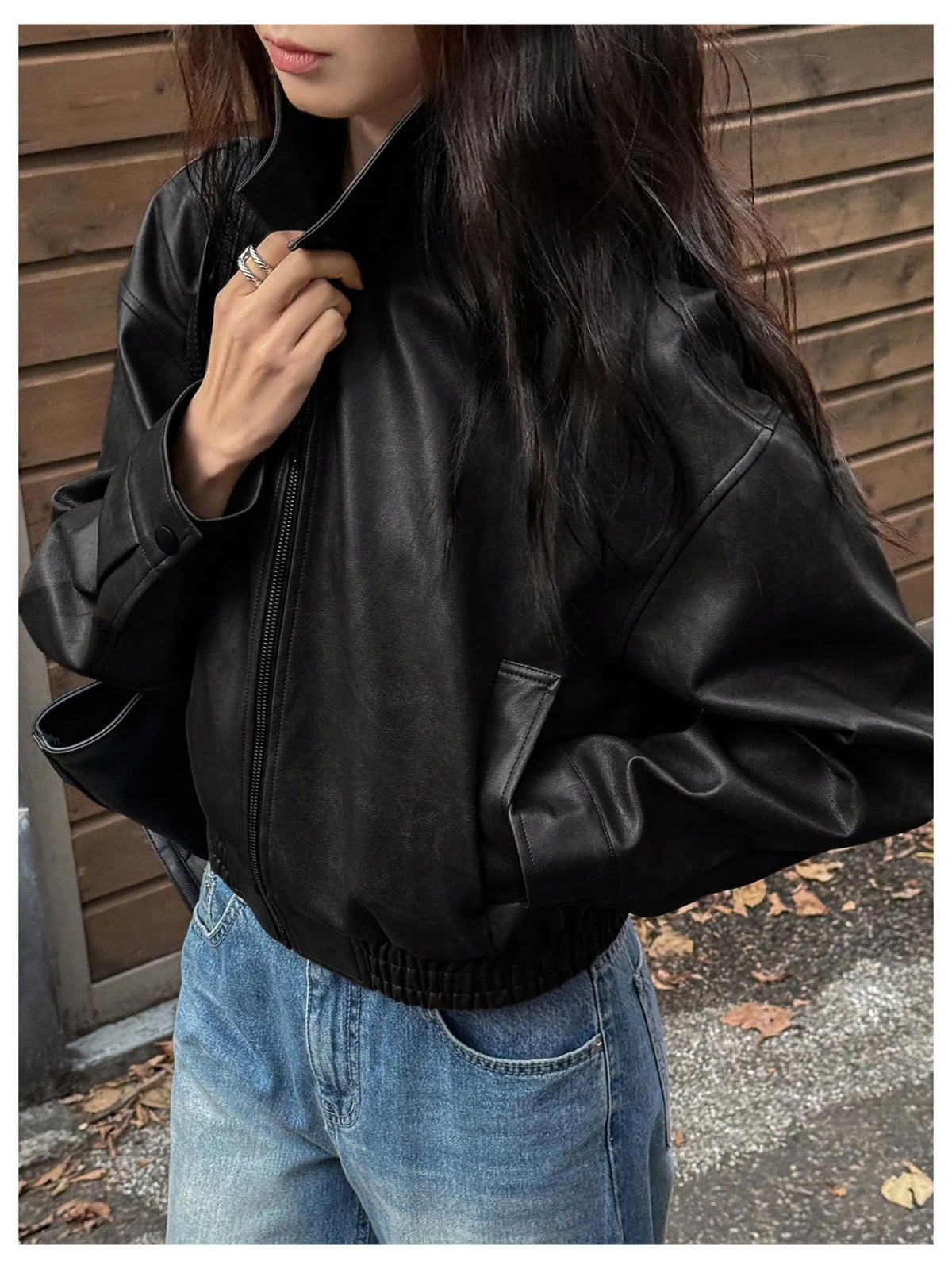 Milumia Women's Faux Leather Zip Up Jacket Vintage Collared Long Sleeve Motorcycle Jackets Black Medium