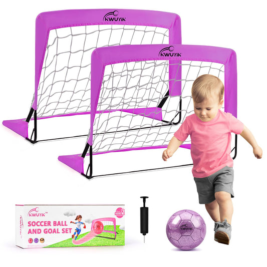 2 Pcs Purple Mini Soccer Goals Set 2x1.5x1.5ft Indoor Soccer Nets for Kids with Size 2 Toddler Soccer Ball Foldable Net Toy with Pump for Children Boys Girls Backyard (Purple)